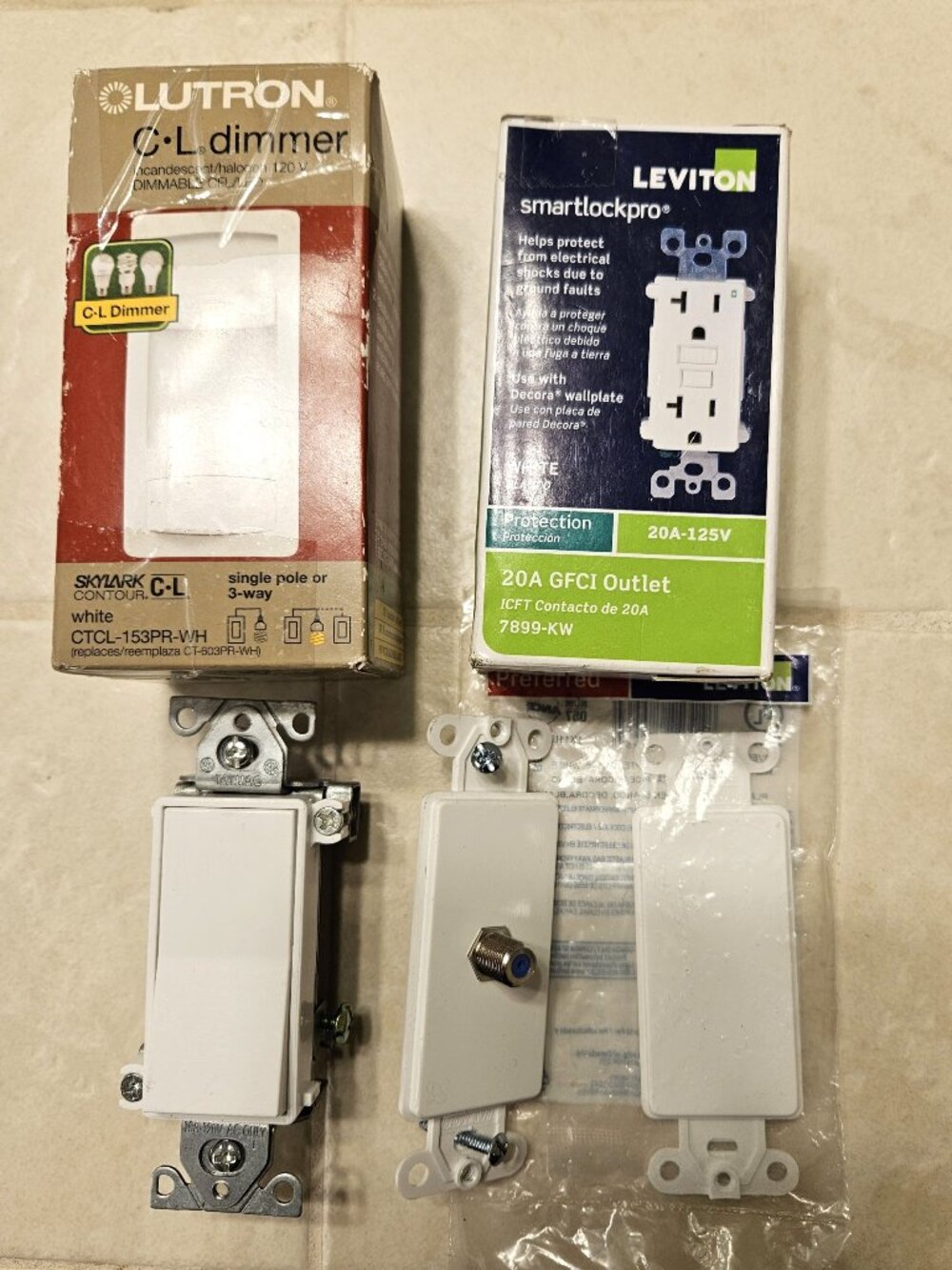 Lot of Misc Dimmer, 3way Switch, Cable, Blank Switch Cover and GFCI Outlet–New